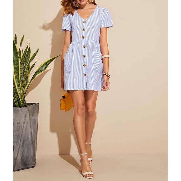 Blue Striped Fit & Flare Button Down Sundress - Picture 3 of 6